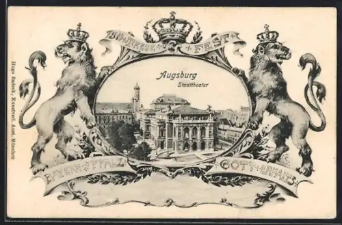 AK Augsburg, Aussenansicht des Stadttheaters, Passepartout mit gekrönten Löwen