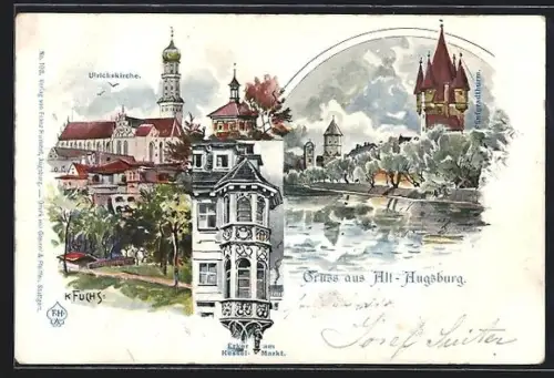 Lithographie Augsburg, Fünfgradturm, Erker am Kessel-Markt, Ulrichskirche