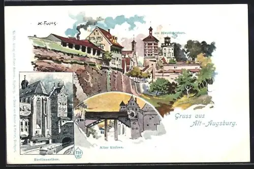 Künstler-AK Augsburg, Barfüsserthor, Alter Einlass, Partie am Hirschgraben