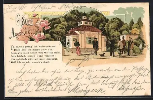 Lithographie Augsburg, Strassenpartie mit Schutzmann und kleinen Hunden