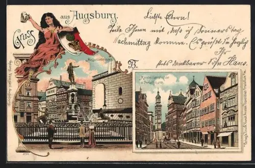 Lithographie Augsburg, Augustusbrunnen und Marximilianstrasse mit Perlachthurm