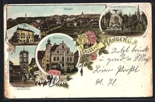 AK Wangen i. A., Totalansicht, Kaiser- und Kriegerdenkmal, Rathaus, Ravensburger Tor