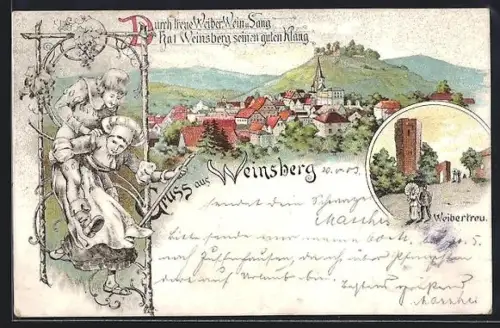 Lithographie Weinsberg, Totalansicht mit Kirche, Weibertreu, Paar in Tracht