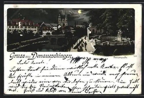 Lithographie Donaueschingen, Teilansicht und Donauquelle