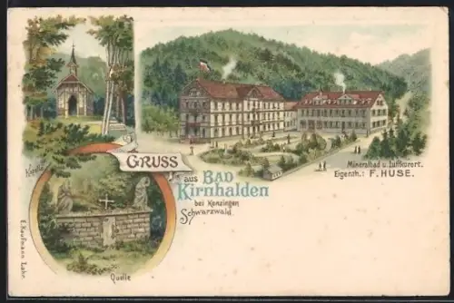 Lithographie Bad Kirnhalden bei Kenzingen /Schwarzwald, Mineralbad von F. Huse, Kapelle, Quelle