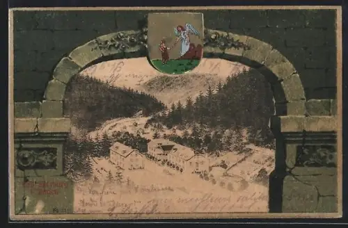 AK Bad Sulzburg i. Baden, Teilansicht des Ortes, Stadtwappen mit Holzfäller und Engel im Passepartout