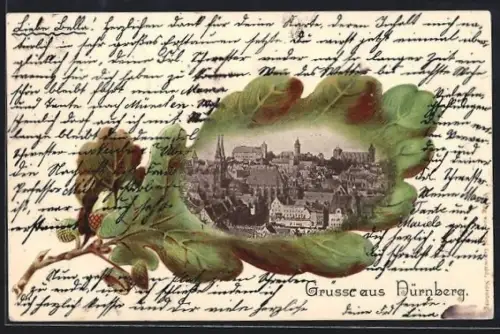 Passepartout-Lithographie Nürnberg, Stadtansicht im Eichenblatt