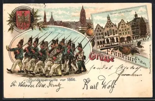 Lithographie Alt-Frankfurt, Römer und alte Häuser, Bundespatrouille vor 1866