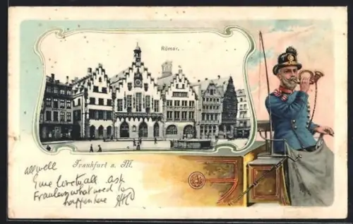 Passepartout-Lithographie Alt-Frankfurt, Strassenpartie mit Römer, Postmann mit Horn im Passepartout