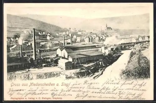 AK Niederschelden a. Sieg, Teilansicht des Ortes mit Fabriken