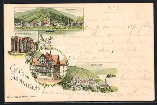 Lithographie Bacharach, Uferpartie, St. Wernerkapelle, Altes Haus