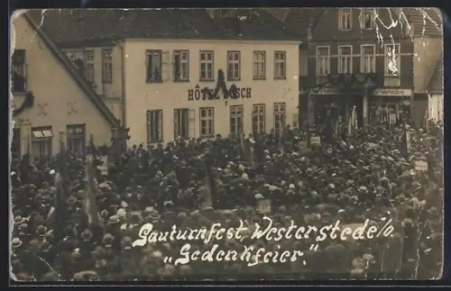 Foto-AK Westerstede, Gedenkfeier des Gauturnfests, Hôtel Busch im Hintergrund