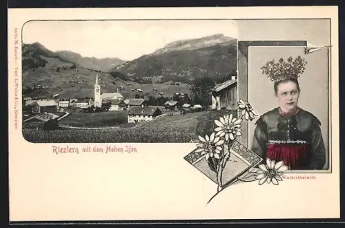 AK Riezlern, Totale mit dem Hohen Ifen, Walserthalerin in Tracht