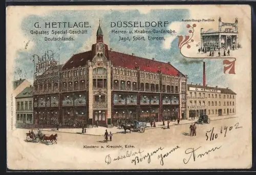 Lithographie Düsseldorf, Modegeschäft in der Kloster- Ecke Kreuzstrasse, Ausstellungs-Pavillon