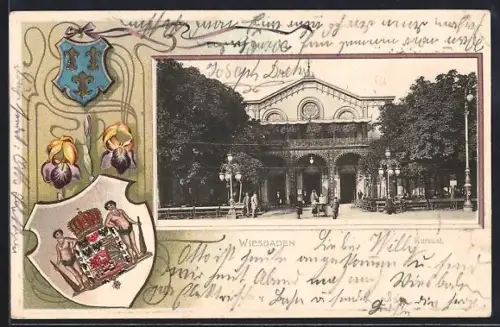 Passepartout-Lithographie Wiesbaden, Wappen, Kursaal