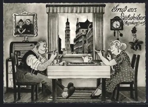 Künstler-AK Augsburg, Vatschiburg, Paar beim Kuchen mit Fensterblick auf Turm