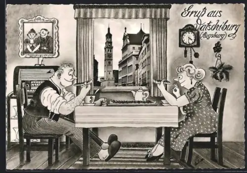 Künstler-AK Augsburg, Vatschiburg, Paar beim Pflaumenkuchen mit Fensterblick auf Turm