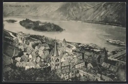 AK Bacharach /Rh., Teilansicht mit Rheininsel aus der Vogelschau
