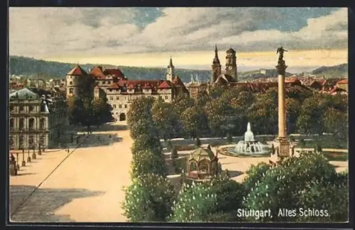 Künstler-AK Stuttgart, Altes Schloss mit Säulendenkmal-Anlage