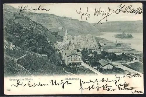 AK Bacharach /Rh., Ortsansicht mit Anlagen und Rheinblick aus der Vogelschau
