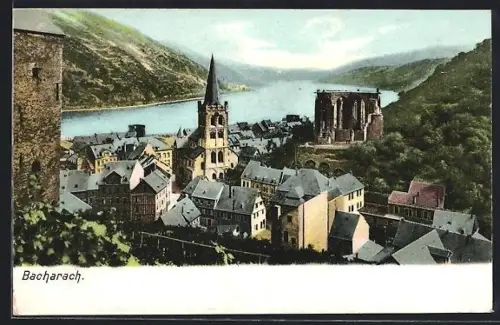 AK Bacharach /Rh., Teilansicht mit Ruine und Rhein aus der Vogelschau