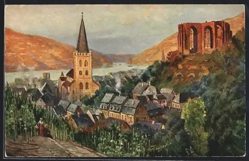Künstler-AK Bacharach /Rh., Ortsansicht mit Kirche und Ruine der Wernerkapelle