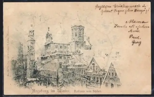 AK Augsburg, Rathaus von Süden im Winter, Schnee-Imitat-Karte