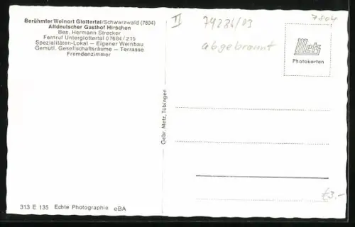 AK Glottertal /Schwarzwald, Alldeutscher Gasthof Hirschen, Inh. Hermann Strecker, Terrasse