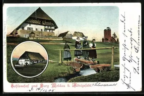 AK Königsfeld /Schwarzwald, Schlosshof und Burg Waldau, Trachten