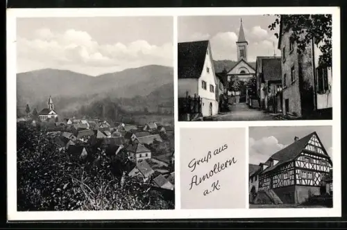AK Amoltern a. K., Ortsansicht, Kirche, Gasthaus zur Sonne, Inh. Franz Schmelzle