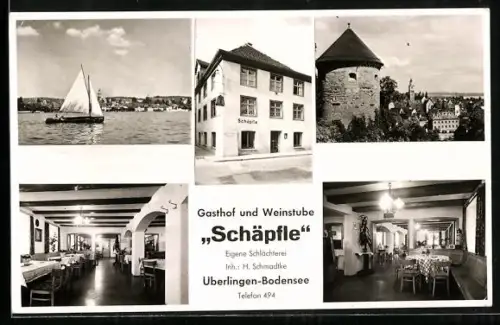 AK Überlingen /Bodensee, Gasthof und Weinstube Schäpfle, Inh. H. Schmadke, Seepanorama, Turm