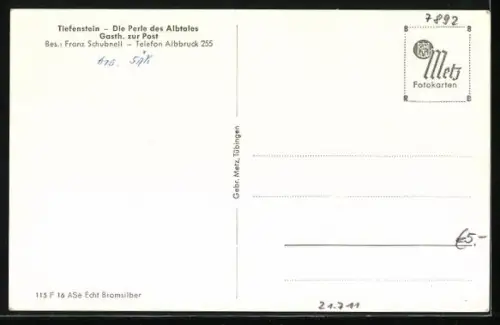 AK Tiefenstein /Albtal, Albtalstrasse V. Tunnel, Gasthaus zur Post, Inh. Franz Schubnell