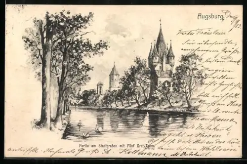 AK Augsburg, Partie am Stadtgraben mit Fünf Grat-Türm