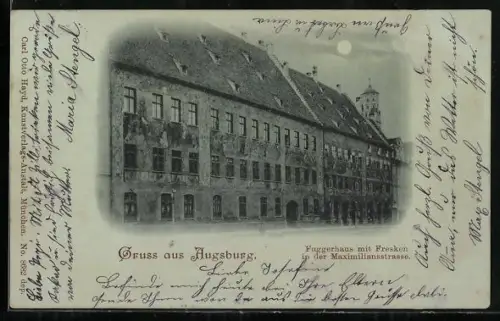 Mondschein-AK Augsburg, Fuggerhaus mit Fresken in der Maximilianstrasse