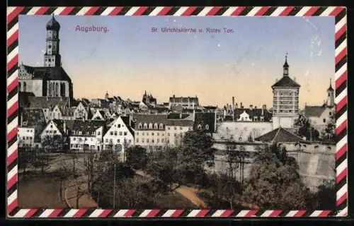 AK Augsburg, St. Ulrichskirche, Rotes Tor, Banderole in Nationalfarben