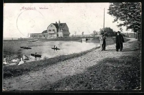 AK Ansbach, Waldsee mit Gebäude u. Uferpromenade