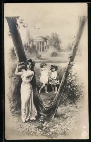 AK Buchstabe V, Frau mit Gefäss auf den Schultern, Kinder mit Blumenkorb