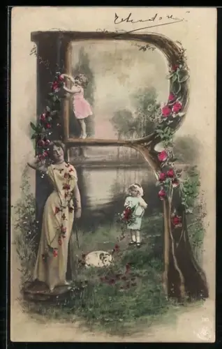 AK Buchstabe R mit Frau und Kindern