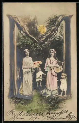 Foto-AK NPG NR: 195, Buchstabe M als Baum dargestellt, Musikerin, Zeichnerin, Kinder stehen unter dem Baum