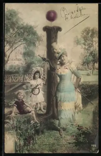 AK Elegante Dame und Kinder am Buchstaben i