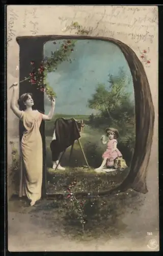 AK Mädchen posiert vor einem Fotoapparat im Buchstaben D