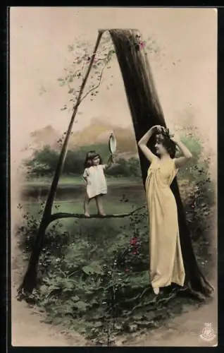 Foto-AK NPG NR: 195, Buchstabe A, Kind hält Spiegel für die sich frisierende Mutter