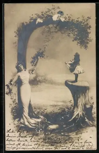 AK Kinder und Frau beim Buchstaben G mit Blumen