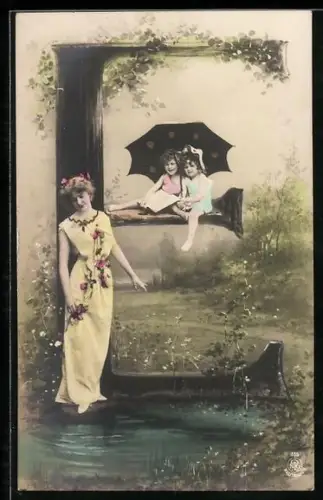 AK Buchstabe E, Mädchen sitzen unter einem Schirm, schöne Frau mit Rosen