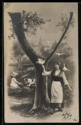 AK Buchstabe Y, Mädchen mit weissen Tauben