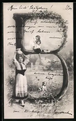 Foto-AK NPG NR: 195, Buchstabe B, Frau trägt Krug auf dem Kopf, Kinder mit Hund