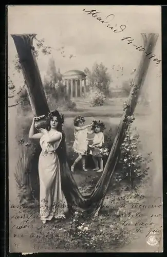 AK Baumstamm in Form des Buchstaben V, Frau mit Krug und Kinder