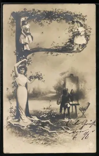 AK Buchstabe P, Maler steht an seiner Staffelei, Kinder stehen auf dem Buchstaben