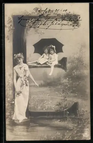 AK Buchstabe E, Mädchen sitzen unter einem Schirm, schöne Frau mit Rosen