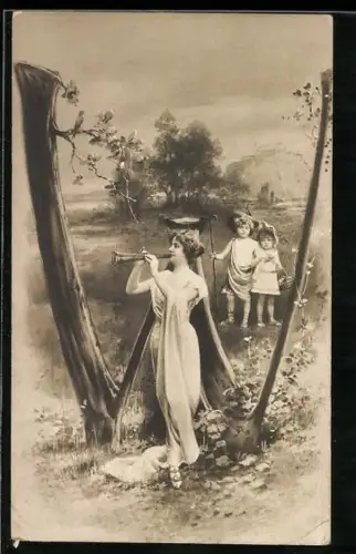 AK zum Buchstaben W geformte Bäume, Frau steht davor, Kinder dahinter